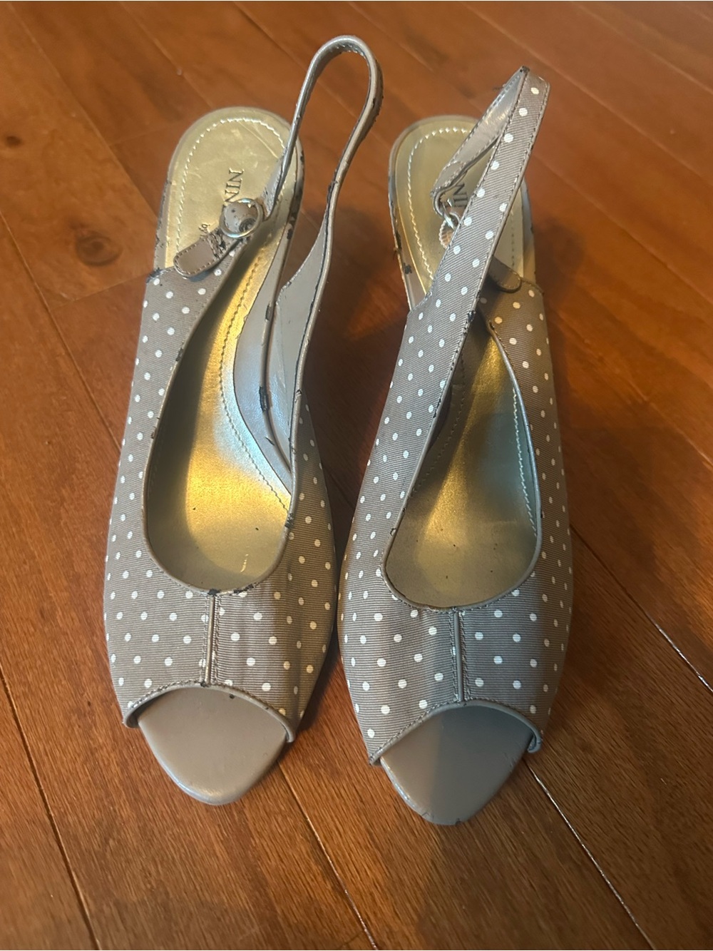 Nine & Co. Taupe Polka Dot Peep-Toe Slingback Heels